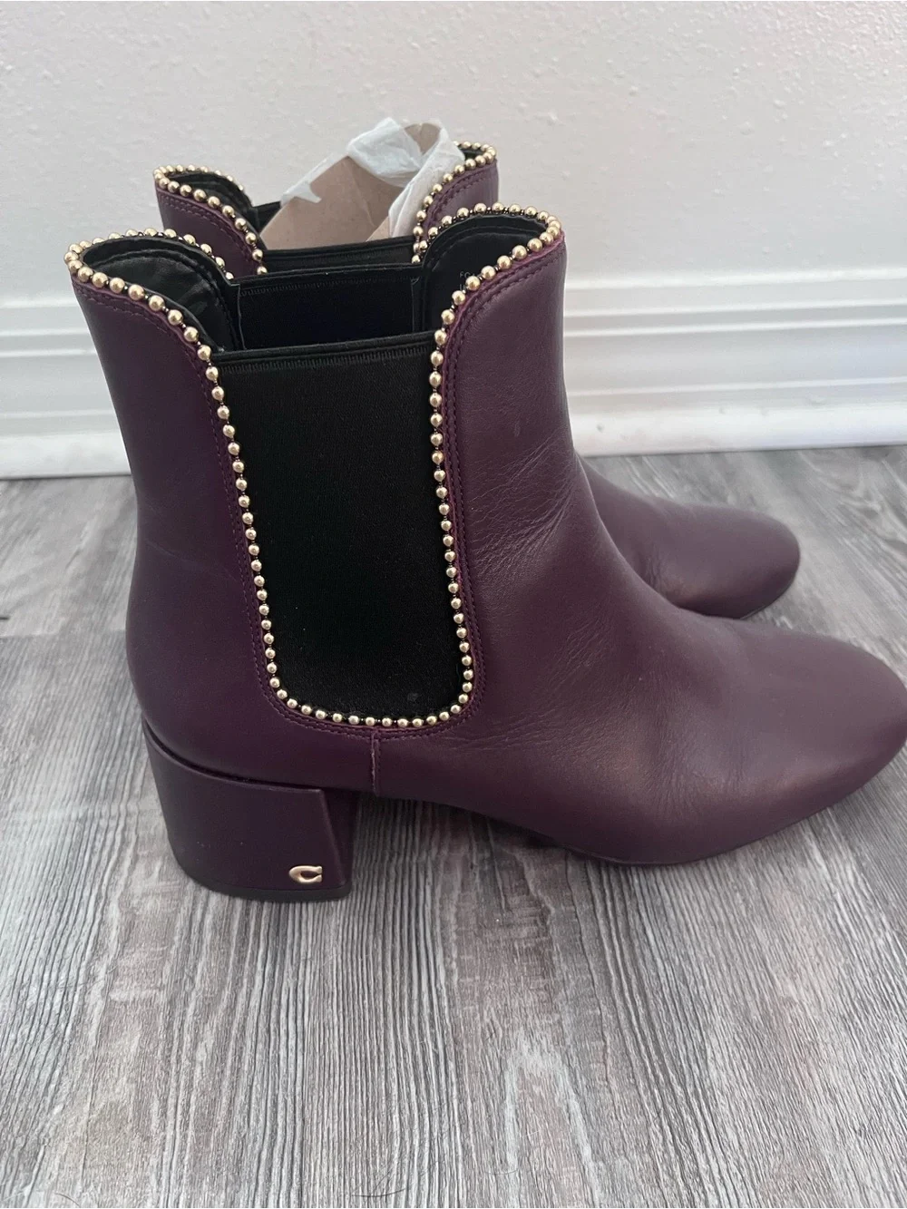 Coach Women's Burgundy Leather Ankle Booties with Gold Stud Trim